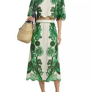 Farm Rio Festival Geometric Floral Linen Midi-Skirt